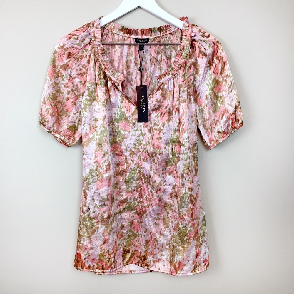 TALBOTS Floral Satin Short Puff Sleeve Blouse